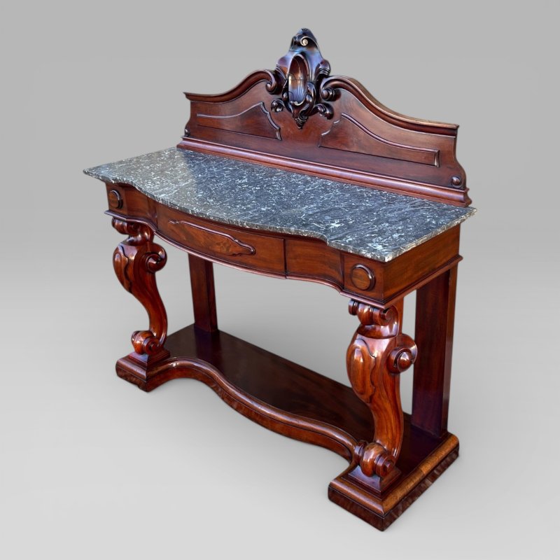 Antique Victorian Mahogany & Marble Topped Carved Console Wall Table With Drawer - Image 3